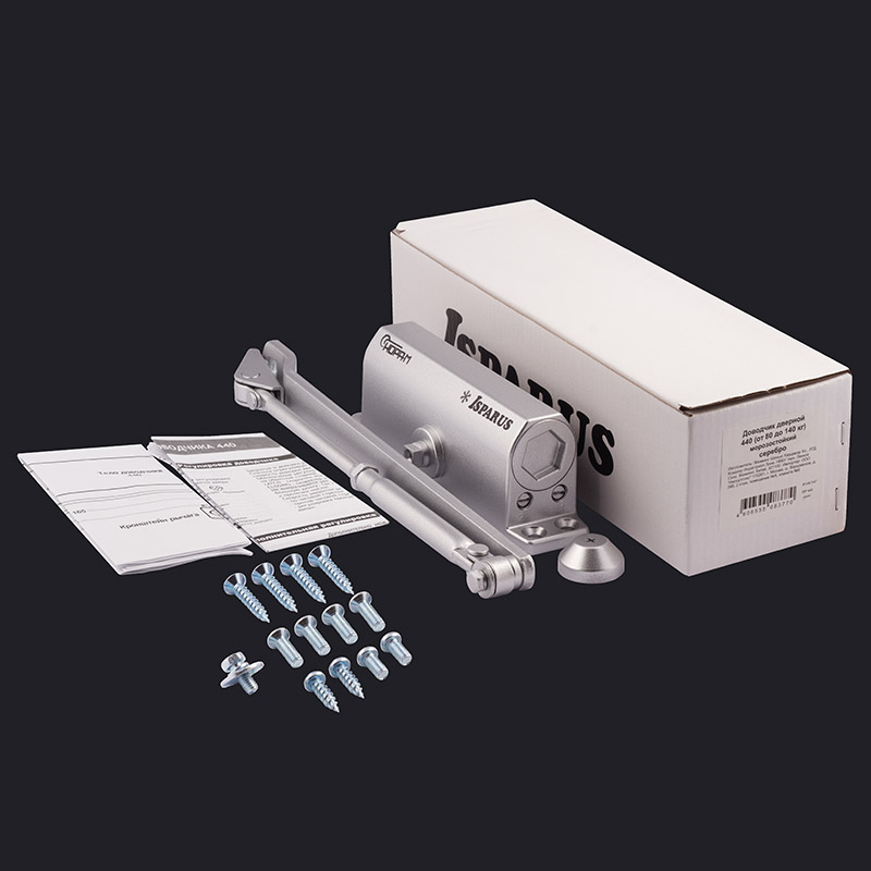 Комплектация и упаковка Доводчик дверной 440 ISPARUS от 80 до 140 кг цвет Серебро Нора-М
