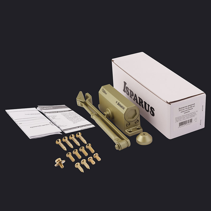 Комплектация и упаковка Доводчик дверной 410 ISPARUS от 15 до 60 кг цвет Золото Нора-М