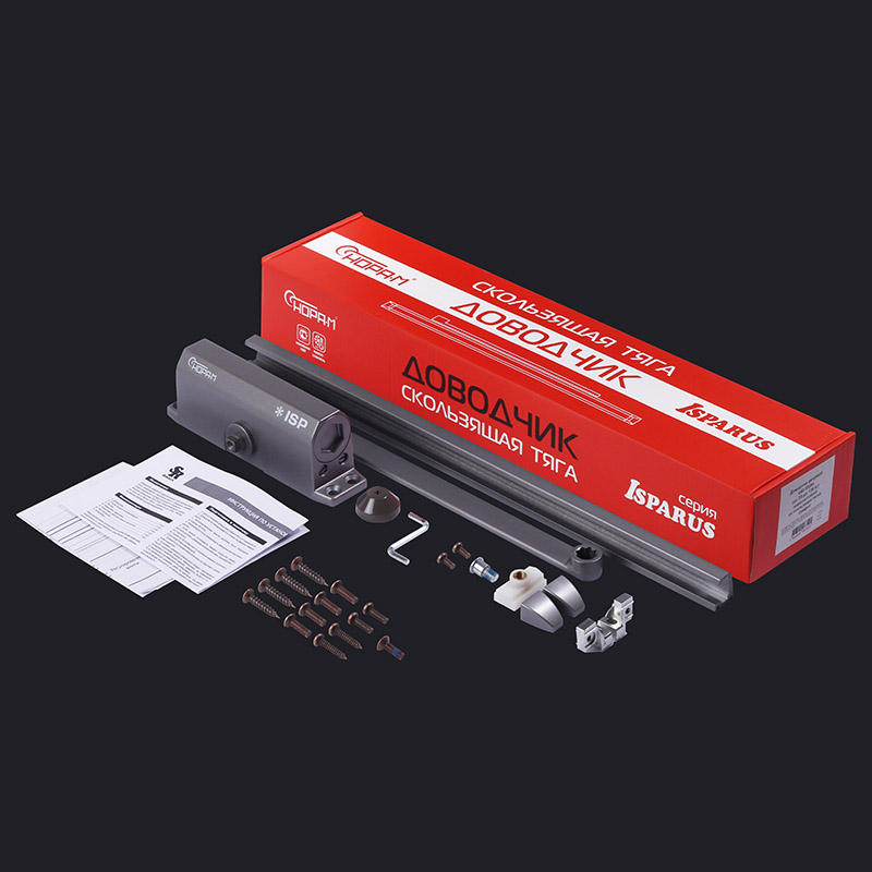 Комплектация и упаковка Доводчик дверной со скользящей тягой 440 Slider ISPARUS от 70 до 130 кг цвет Графит Нора-М